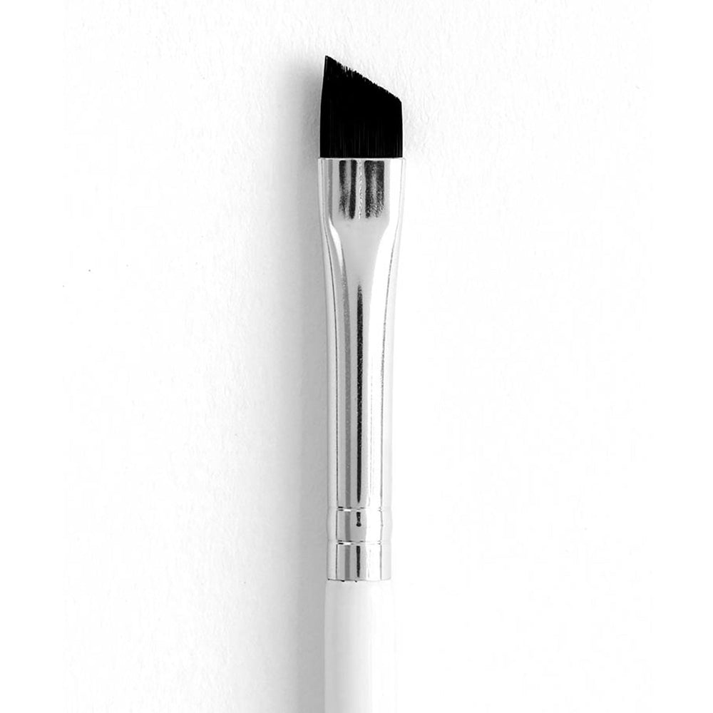 ColourPop Angled Eye Brush showcasing firm black angled bristles for precise eyeliner and brow definition, with a shiny chrome ferrule and white handle, close-up on a white background.