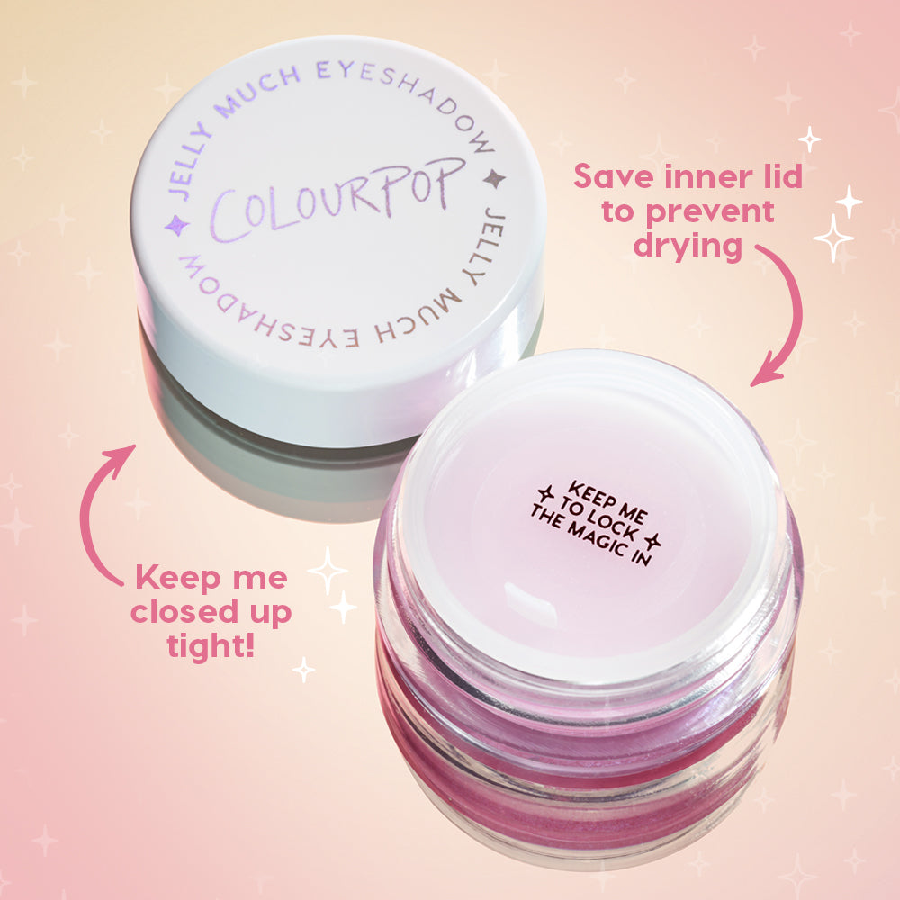 Open jar of ColourPop Jelly Much Shadow in Mystical showing lavender jelly eyeshadow and its inner seal, with the white screw-top lid beside it; arrows advise saving the inner lid and closing tightly to prevent drying on a pink gradient background.