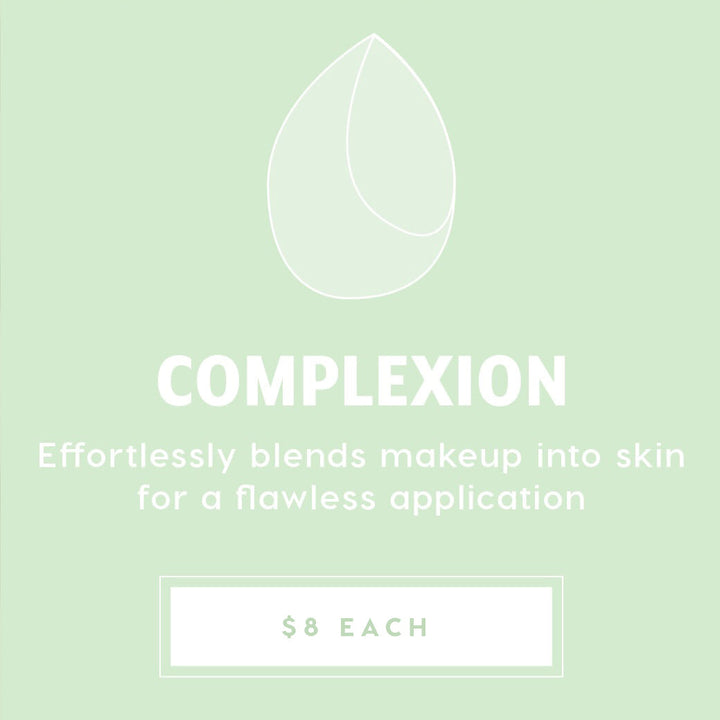 Complexion Blending Sponge blending foundation and concealer to a flawless finish, showcased on a mint-green promo card with a teardrop sponge line icon and $8 each price, part of ColourPop Makeup Tools & Accessories.