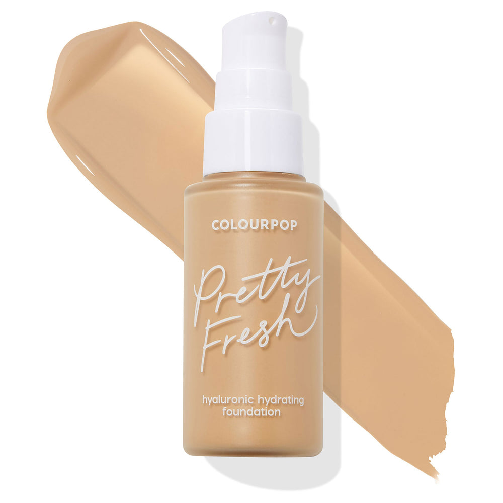 ColourPop Hyaluronic Hydrating Foundation in Medium 80 W displayed in a frosted pump bottle labeled Pretty Fresh, with a warm medium-beige swatch behind on a white background, showcasing dewy, hyaluronic coverage.