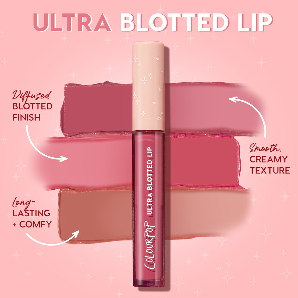 ColourPop Ultra Blotted Lip in Keep It Classy stands centered with a pale pink cap and berry tube, framed by rosy, mauve, and nude swatches that showcase a diffused blotted finish, smooth creamy texture, and long‑lasting comfy wear on a pink gradient background.