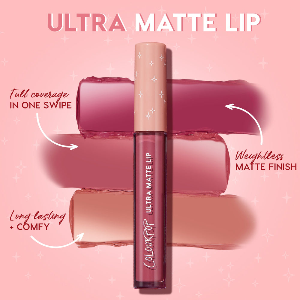 ColourPop Beeper Ultra Matte Lip liquid lipstick in a clear tube with a peach cap and star accents stands over three mauve-to-nude swatches, showcasing full-coverage, weightless matte finish and long-lasting comfort on a pink backdrop.