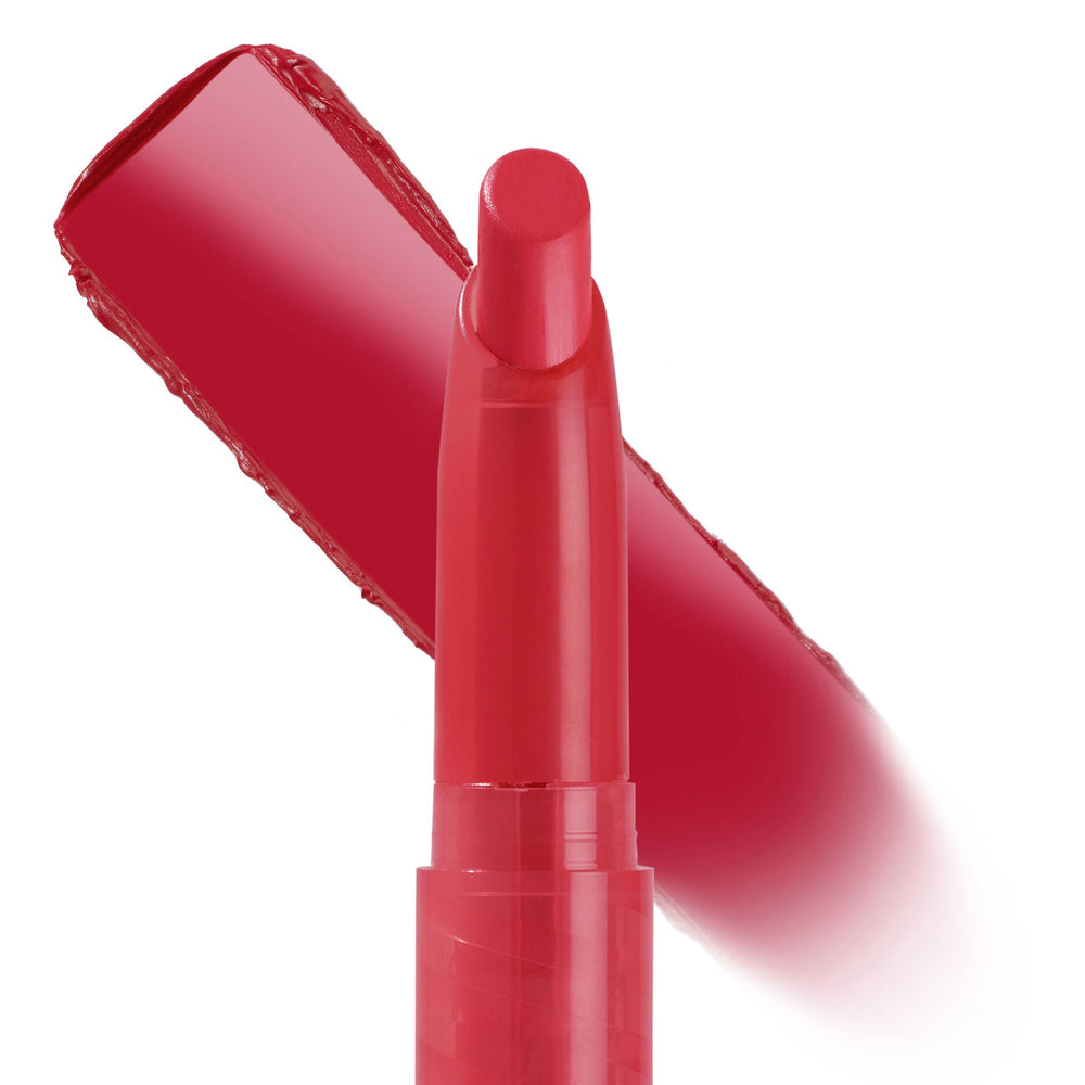Jam Sesh Lippie Stix presents its bold red bullet with a matching swipe trailing behind, set against a clean white background, highlighting the slim twist-up tube; ColourPop Lippie Stix.