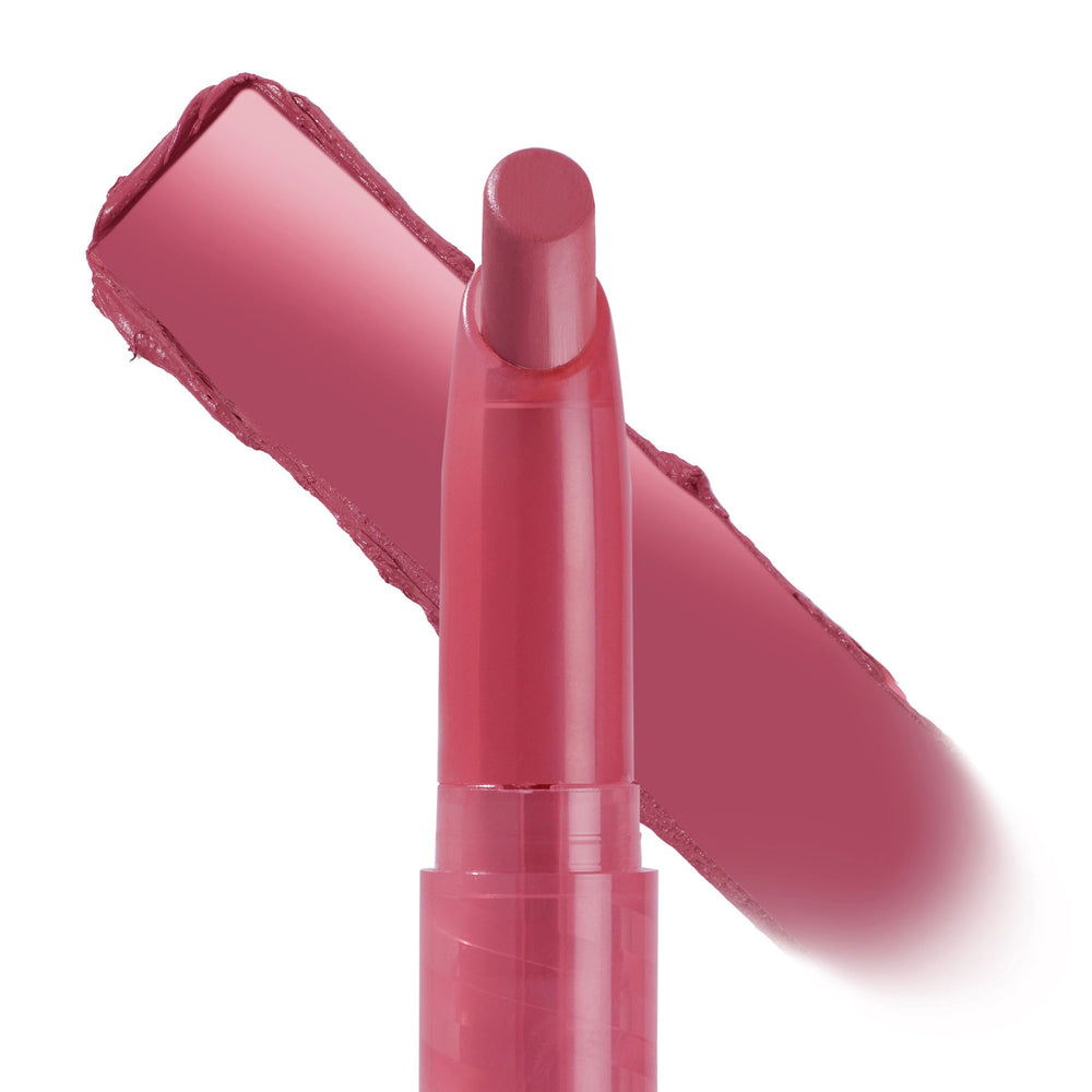 Byron Babe ColourPop Lippie Stix showcasing its twist-up bullet in a creamy dusty-rose hue, with a thick swipe of matching color behind it on a white background.