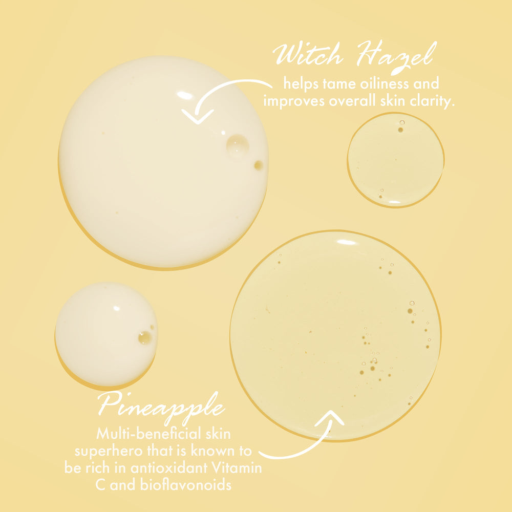 ColourPop Face Cleanser Pore Real Cleanser showcasing ingredient drops - creamy and translucent puddles on a pale yellow background - highlighting witch hazel to reduce oil and improve clarity and pineapple extract rich in vitamin C and bioflavonoids.