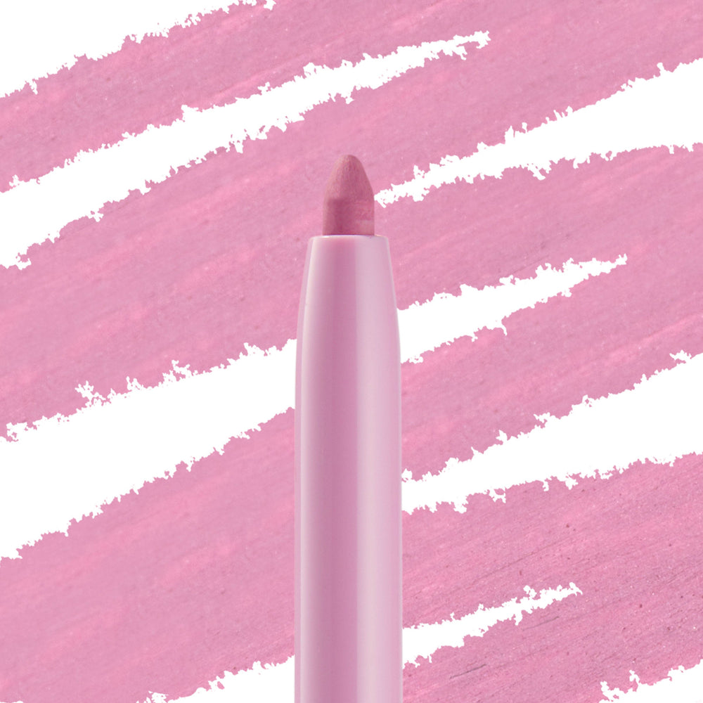 ColourPop Crème Gel Liner in Amethyst Hour stands upright, its rounded tip exposed in a pastel pink barrel, set against bold diagonal swatches of the soft amethyst‑lilac shade.