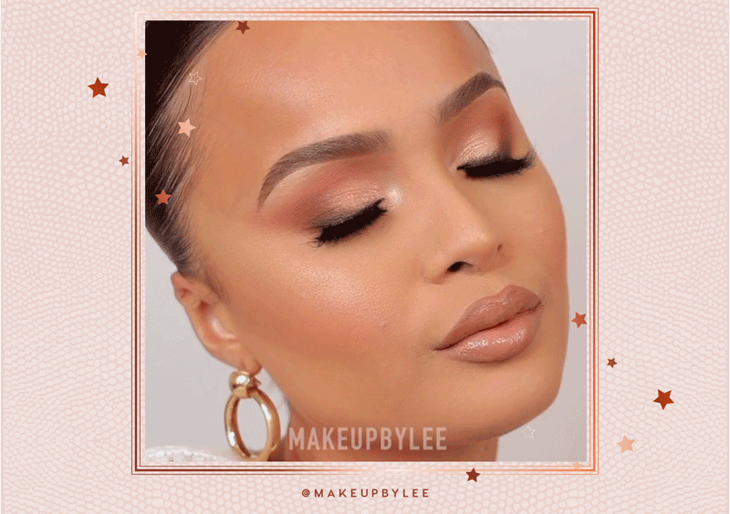 Bare Necessities ColourPop Shadow Palette dusts warm matte and champagne shimmer on closed lids, with inner-corner glow and nude lips, shown in a close-up glam portrait with gold hoop earrings and a peach starry frame.