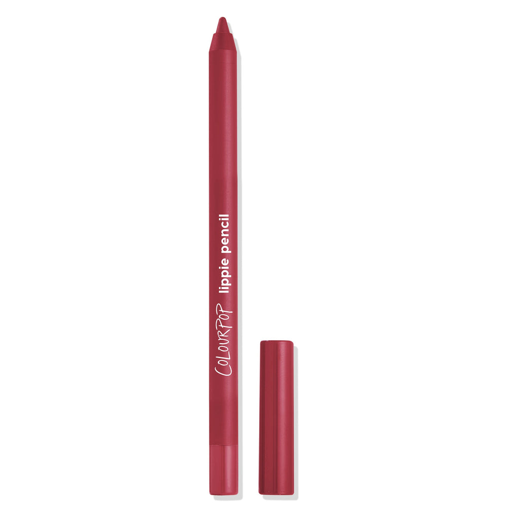 Bichette ColourPop Lippie Pencil shown uncapped, a deep berry-red lip liner with a tapered tip and matching cap beside it on a white background.