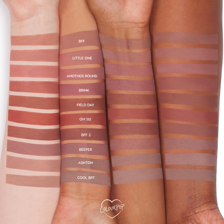 Ashton ColourPop Lippie Pencil swatched on three forearms, a mid‑tone nude brown stripe labeled “ASHTON” among other shades, showing smooth matte payoff and how the lip liner appears on light, medium, and deep skin tones.
