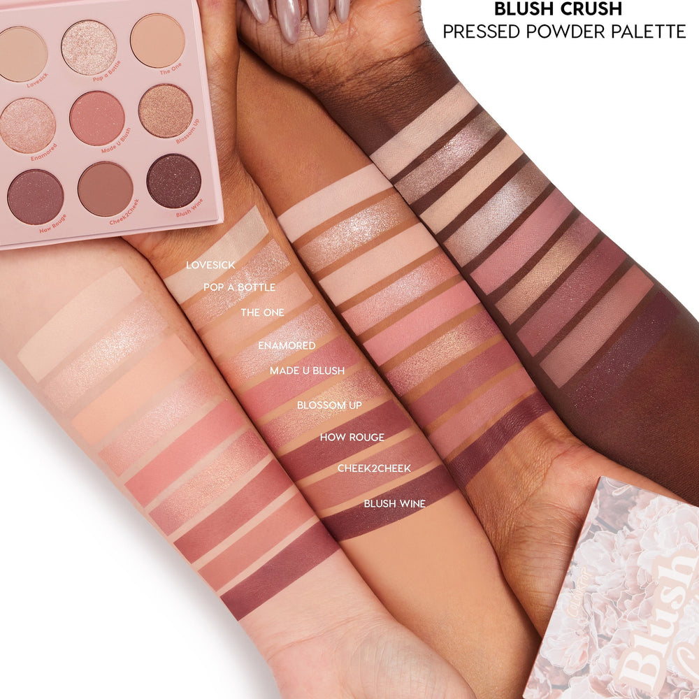 Blushing Nude ColourPop Shadow Palette Set swatched on three skin tones, displaying nine rosy nude shades - matte and shimmer - from soft champagne and peach to mauve and deep plum, with the pink nine-pan palette shown for shade payoff.