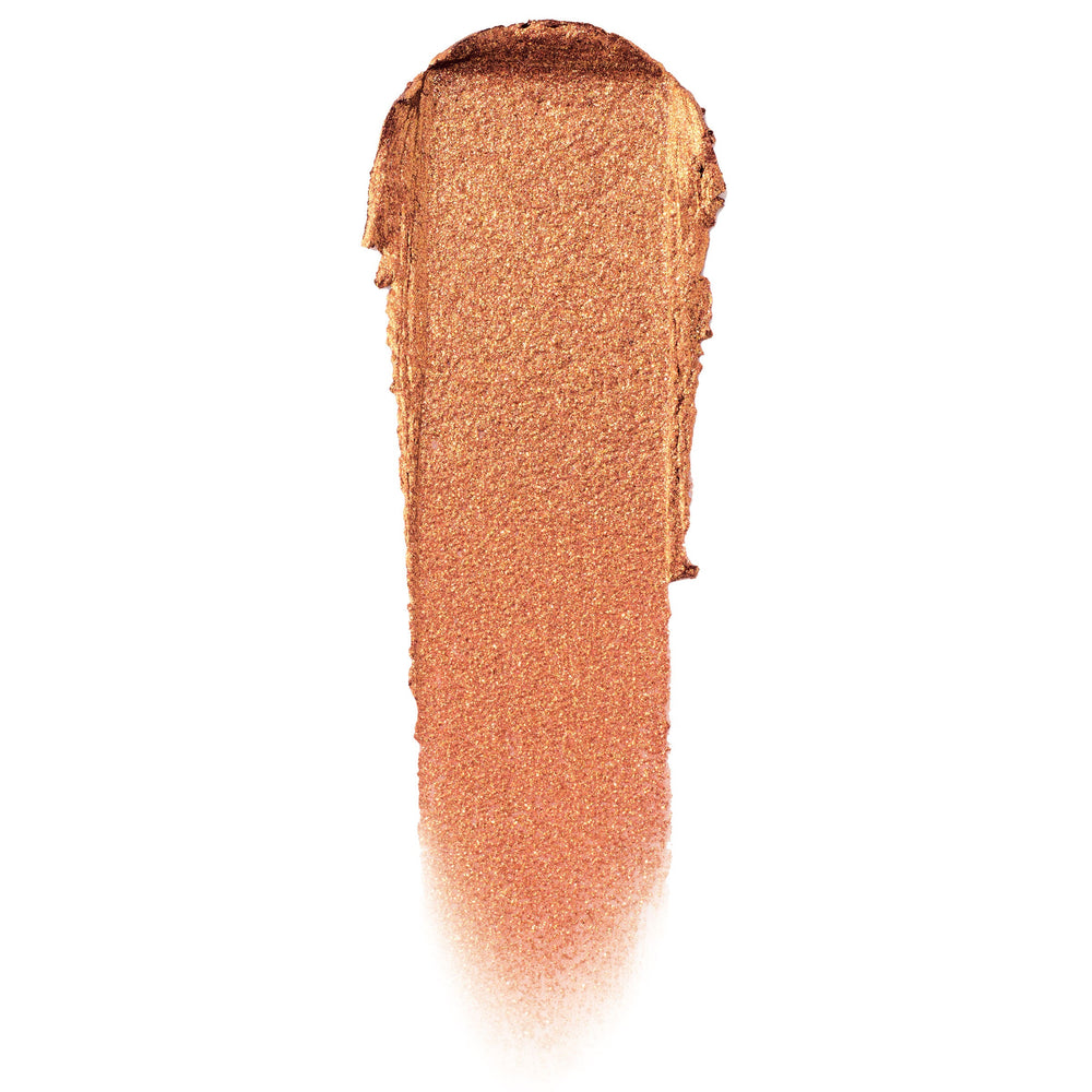 Brentwood ColourPop Jelly Much Shadow swatch, a metallic copper-bronze gel eyeshadow smear with gold shimmer, fanned to a soft fade on a white background, showcasing the Jelly Much Shadow texture and reflective finish.