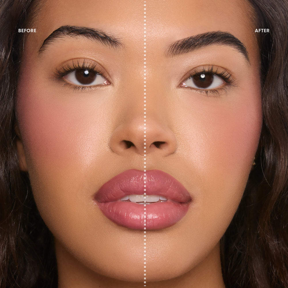 Close-up split-screen of a woman’s face showing before and after results of Clear Brow Boss Gel, with the left eyebrow natural and the right eyebrow lifted, fuller, and defined to highlight polished brow makeup results.