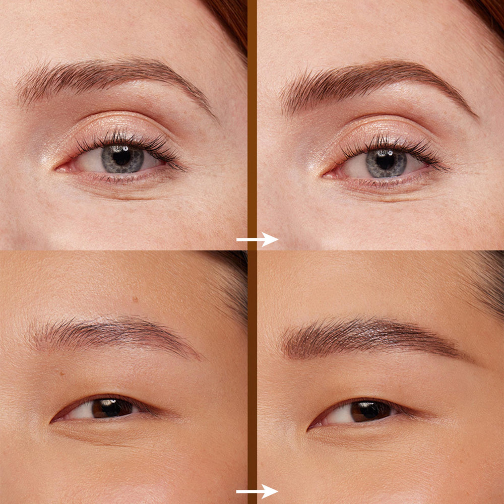 ColourPop Black N' Brown Brow Pencil filling and shaping brows - before-and-after close-ups show sparse arches transformed into fuller, defined eyebrows on two models; split grid highlights natural hair-like strokes and soft brown tint.