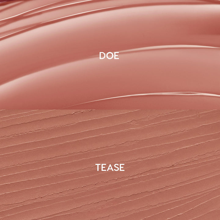 Swatches show ColourPop So Juicy Plumping Lip Liner & Balm Set, Go-To Lip: glossy balm in warm rosy nude labeled DOE on top and matte liner in matching nude labeled TEASE below, displayed in a split texture layout.
