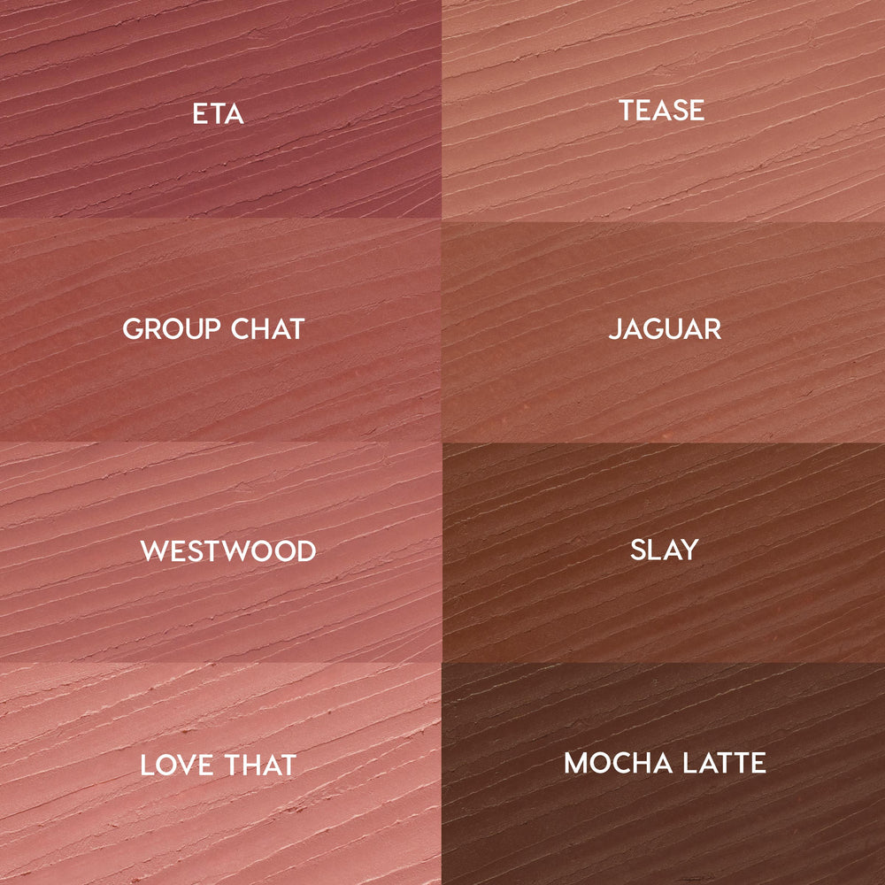 Swatch grid highlighting Juiciest Pout, the ColourPop So Juicy Plumping Lip Liner Set - eight creamy shades in a 2x4 layout labeled ETA, TEASE, GROUP CHAT, JAGUAR, WESTWOOD, SLAY, LOVE THAT, MOCHA LATTE - spanning rosy mauves to rich browns.