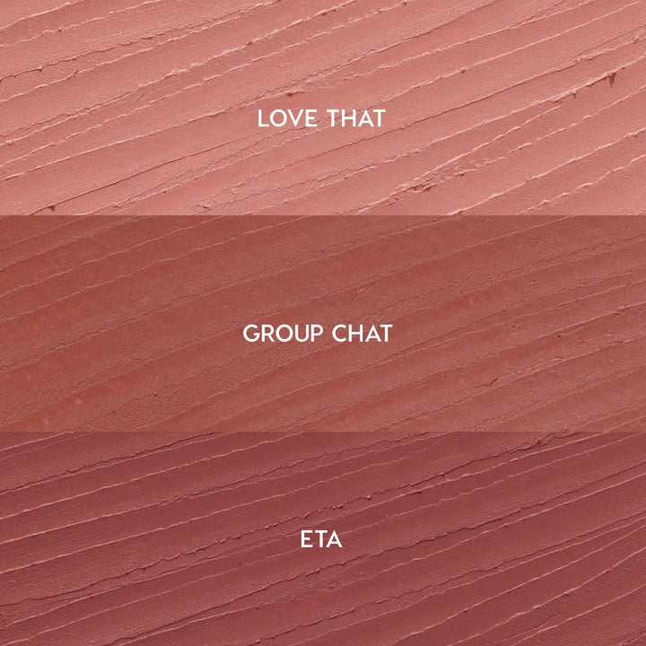 Creamy lip liner swatches show three shades for the Lips Don’t Lie ColourPop So Juicy Plumping Lip Liner Set - Love That (soft pink nude), Group Chat (warm rose), and ETA (mauve) - streaked in horizontal bands on a textured background.