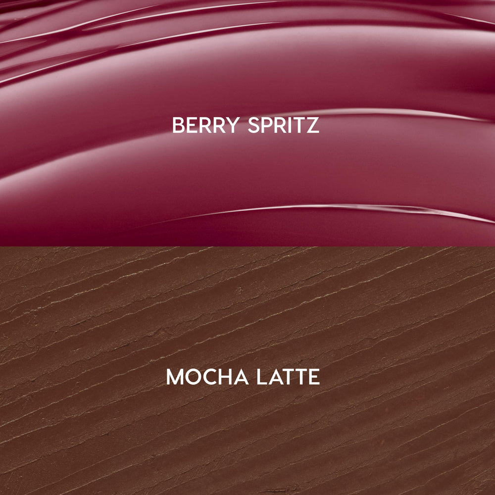 Juicy Berry ColourPop So Juicy Plumping Lip Liner & Balm Set swatches showing Berry Spritz glossy berry-pink balm above and Mocha Latte creamy brown lip liner below, labeled to showcase high-shine gloss and smooth liner textures.