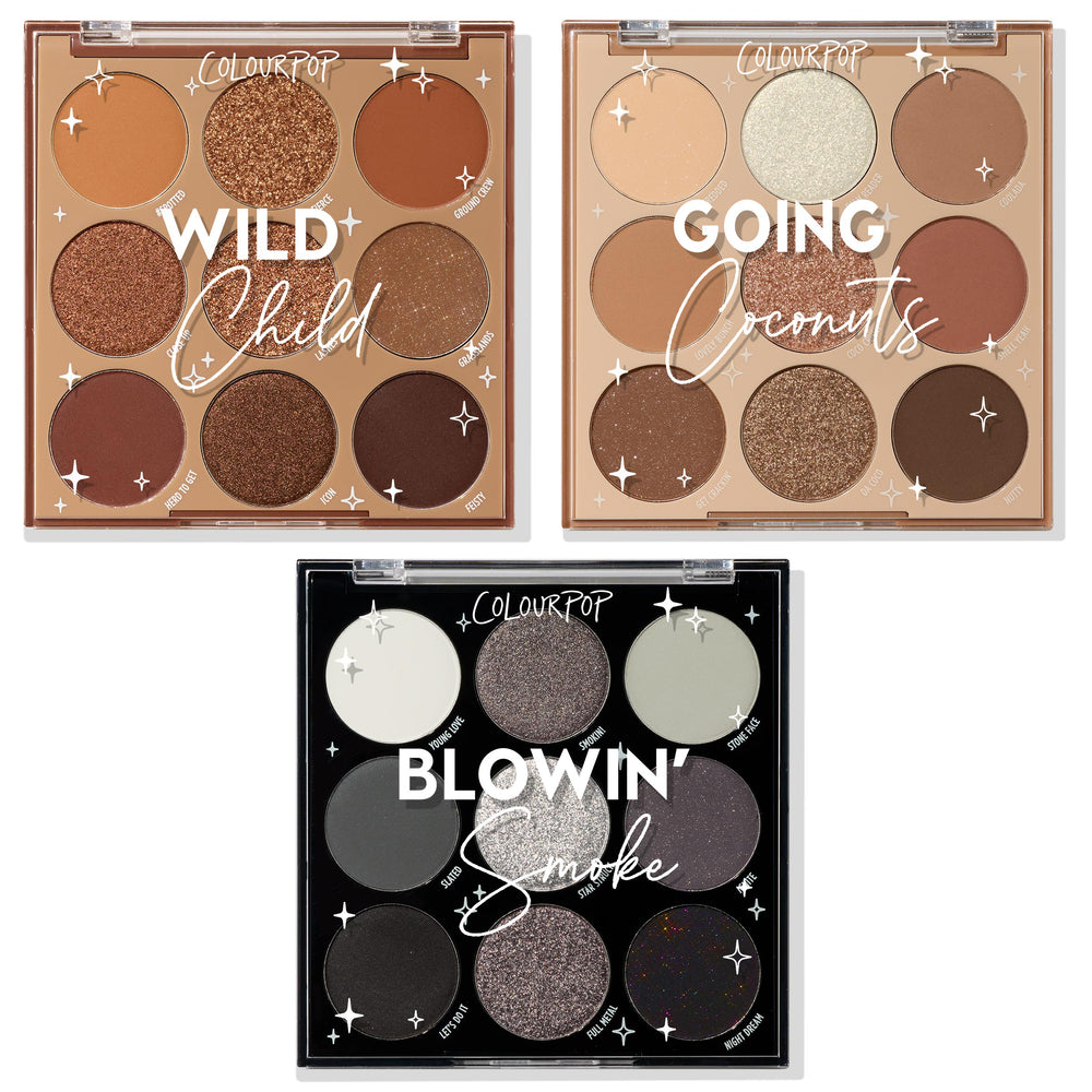 Tone Up ColourPop Shadow Palette Set showcasing three 9-pan palettes - Wild Child (rich warm browns), Going Coconuts (creamy nudes with sparkle), and Blowin' Smoke (charcoal and silver smokey tones) - arranged on a white background.