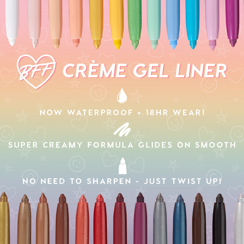 ColourPop Crème Gel Liner in Plum Smash showcased with rows of colorful twist-up pencils on a rainbow background, promoting waterproof 18‑hour wear and a super creamy, smooth-glide formula - no sharpening needed.