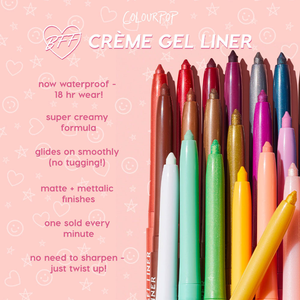 ColourPop Crème Gel Liner New BFF pencils line up in a rainbow, caps off to show matte and metallic tips; waterproof 18‑hour wear and super‑creamy, tug‑free glide, twist‑up design, set against a pink doodle backdrop.