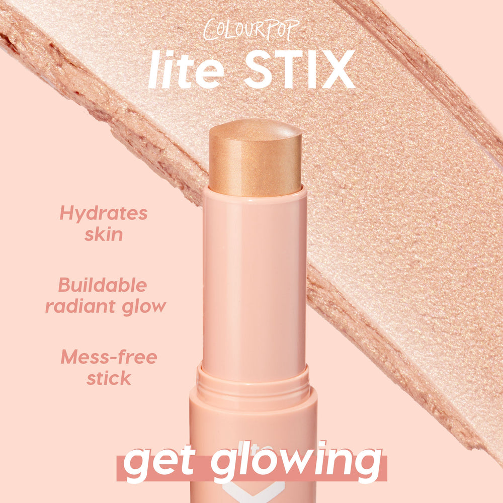 ColourPop Lite Stix highlighter Sunlight stands uncapped, revealing a champagne‑gold stick for a buildable radiant glow; callouts highlight hydrating, mess‑free wear, with a sweeping shimmer swatch behind on a blush pink background.