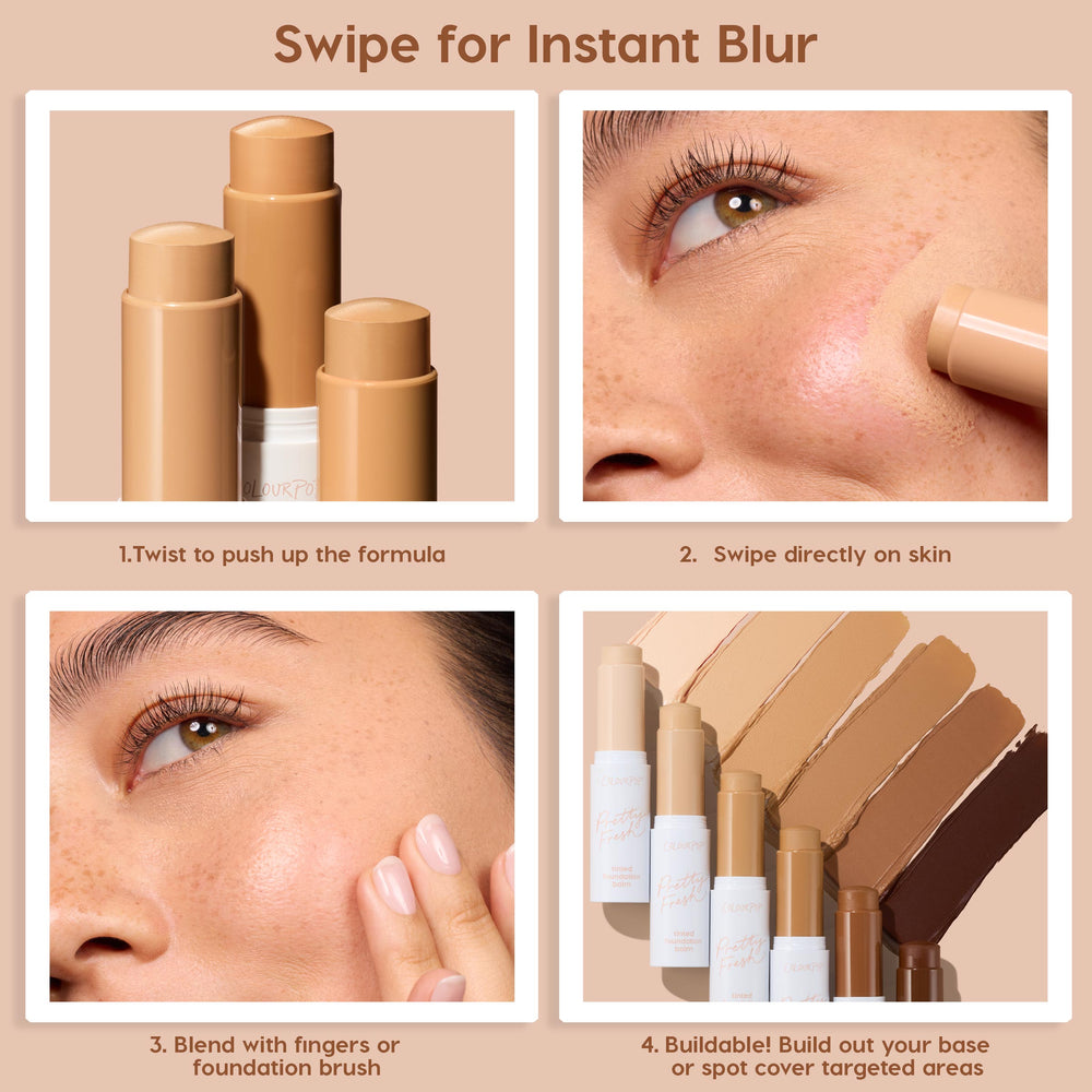 ColourPop Pretty Fresh Tinted Foundation Balm in Medium 12 swipes from a twist-up stick onto a model’s cheek and blends with fingers for a blurred, buildable base; collage shows shade swatches from light to deep and multiple beige tubes.