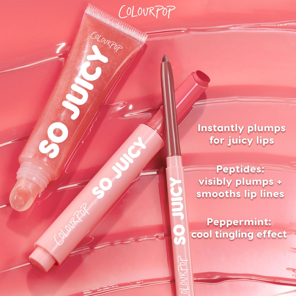 ColourPop So Juicy Plumping Lip Liner & Balm Set in Juicy Berry showcases a two-piece set - a berry lip liner and high-shine pink balm - arranged on glossy pink swirls, highlighting peptide plumping and a cool peppermint tingle.