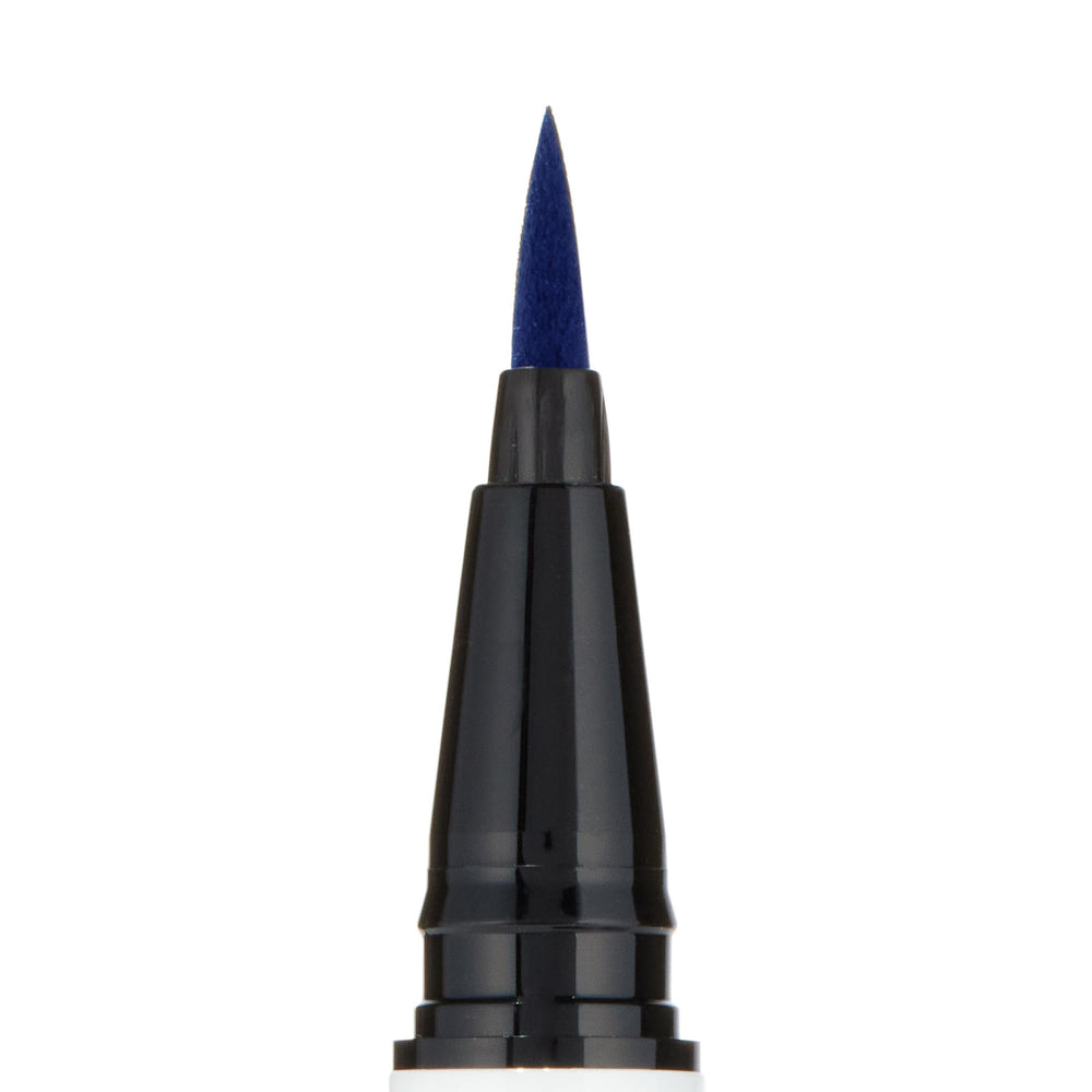 ColourPop BFF Liquid Liner, shade Crzy, showing a precise felt-tip applicator saturated with bold electric-blue pigment, macro close-up on a white background for crisp lines and winged eyeliner control.