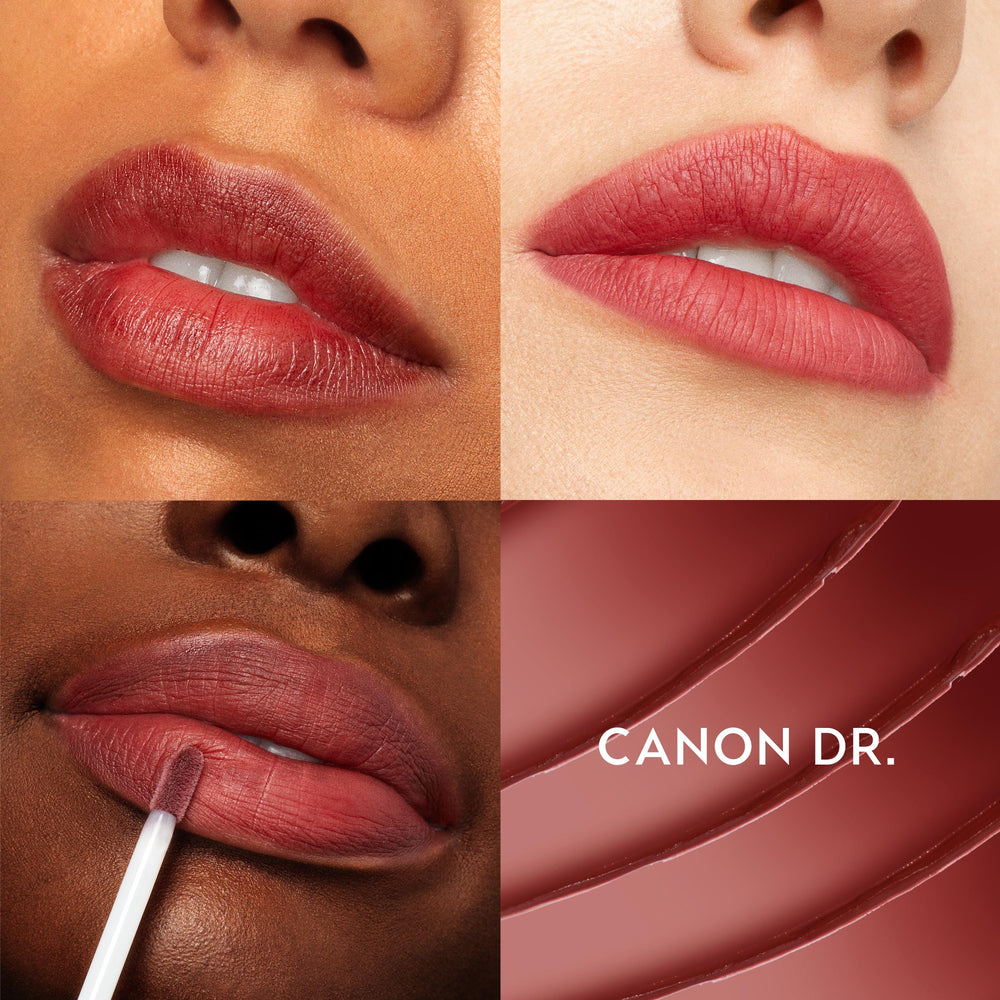 ColourPop Ultra Blotted Lip in Canon Dr coats lips with a soft-focus rosy red tint, shown across varied complexions with a side swatch and shade name, highlighting the lightweight blotted finish.