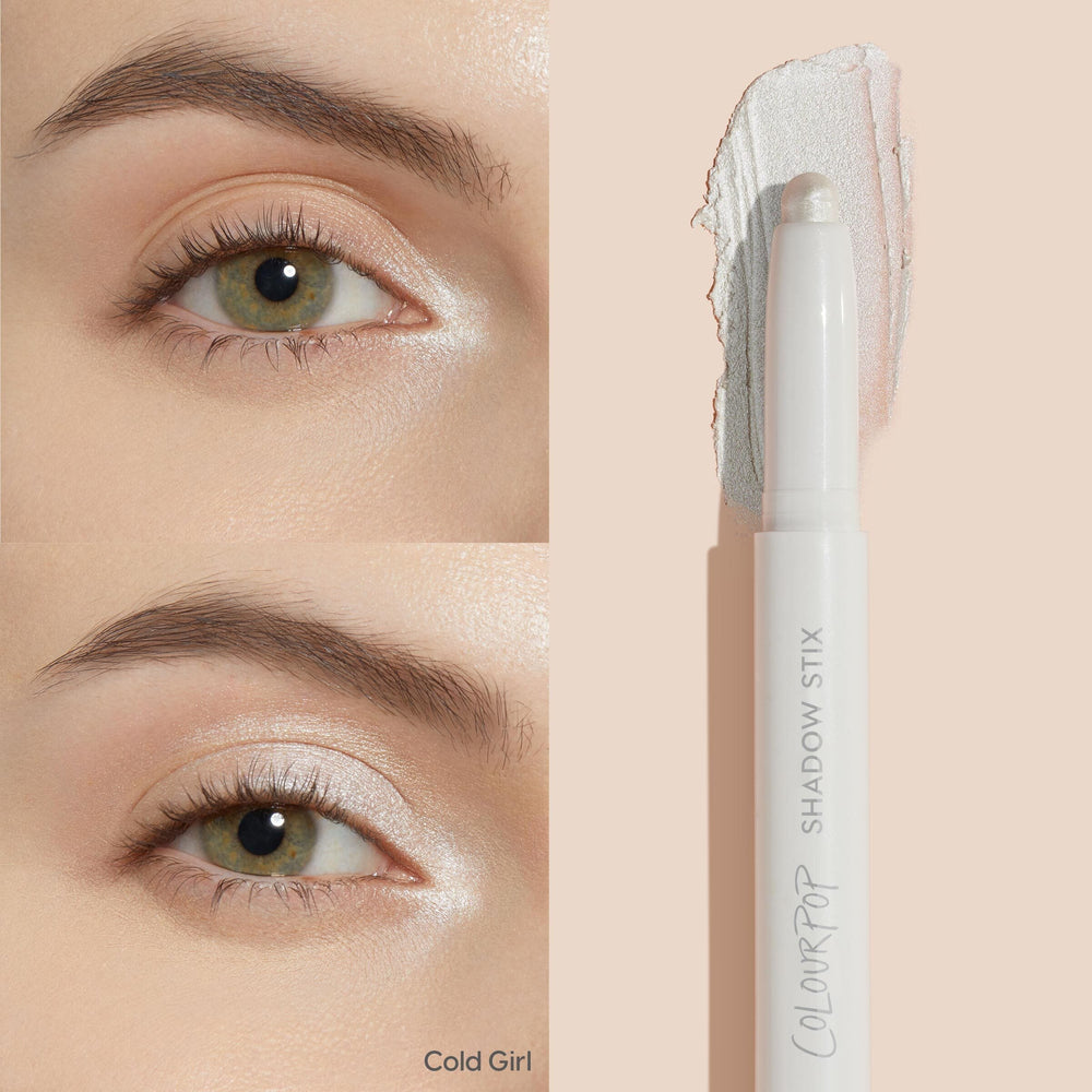 ColourPop Shadow Stix in Cold Girl highlighting eyelids - creamy twist-up stick swipes a frosty pearl shimmer across the lid and inner corner, shown on an eye with a side swatch and the white pen-style Shadow Stix packaging.