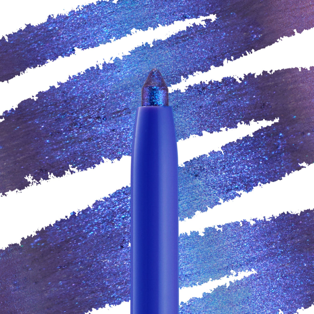 ColourPop Chrome Crème Gel Liner in Ventura Blvd shows its creamy twist-up tip, flashing multichrome blue‑violet‑teal shimmer, set against bold cobalt swatches on white to showcase smooth glide, rich payoff, and metallic finish.