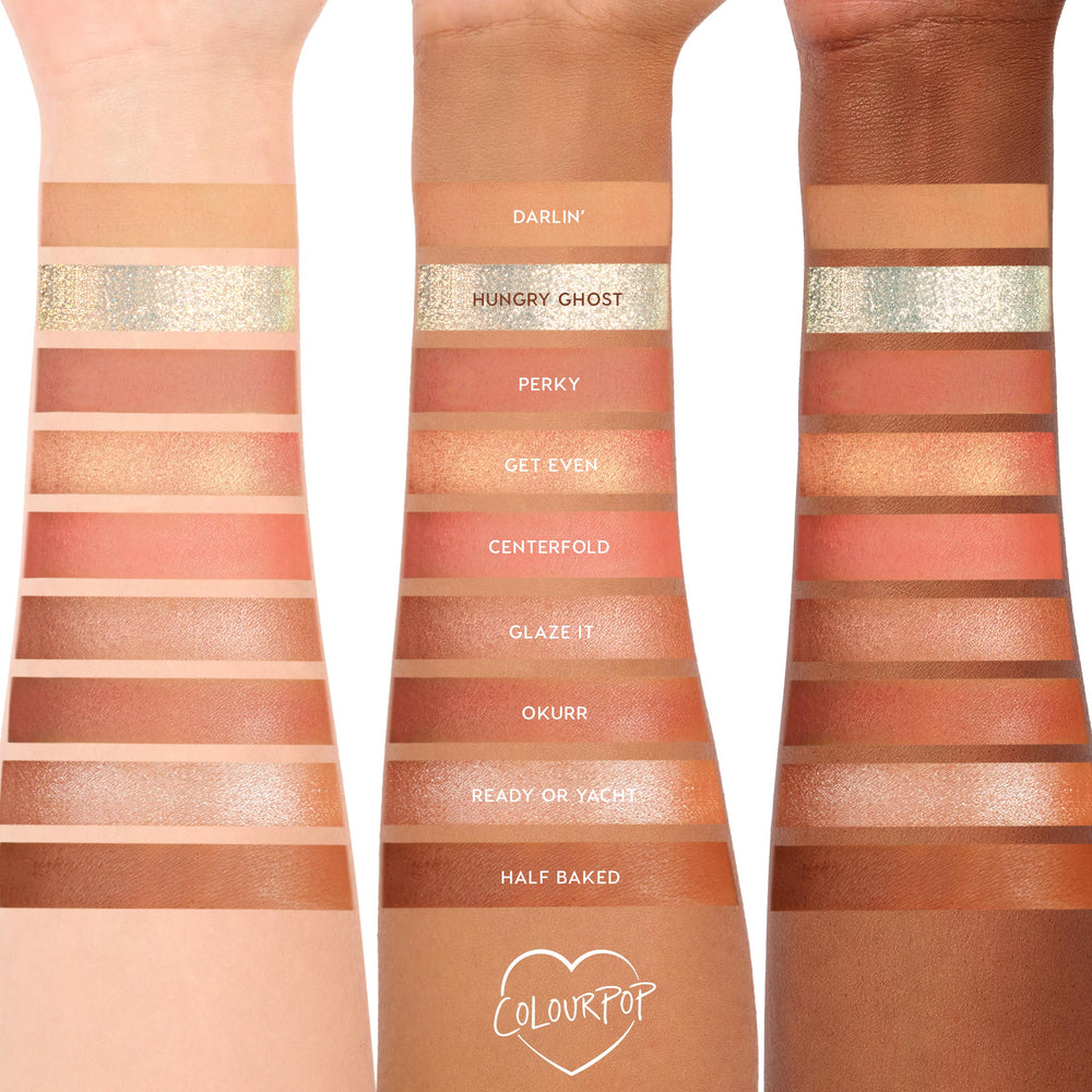 Baby Got Peach ColourPop Shadow Palette swatched on three arms (light, medium, deep), showing peach and copper mattes and shimmers - Darlin’, Hungry Ghost glitter, Perky, Get Even, Centerfold, Glaze It, Okurr, Ready or Yacht, and Half Baked.