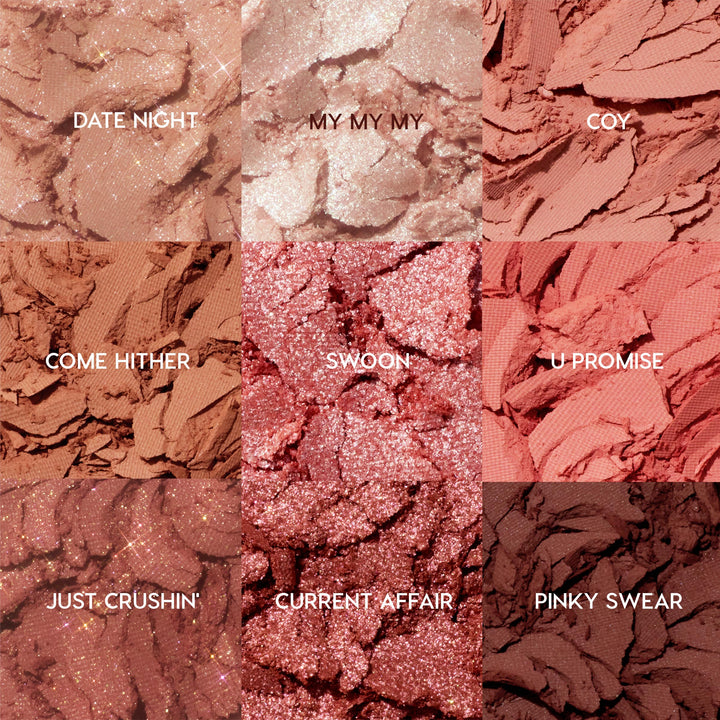 Blush Baby ColourPop Shadow Palette displays nine crushed rose-to-mauve pans - Date Night, My My My, Coy, Come Hither, Swoon, U Promise, Just Crushin’, Current Affair, Pinky Swear - mixing matte and sparkly shimmer finishes in a tight grid close-up.