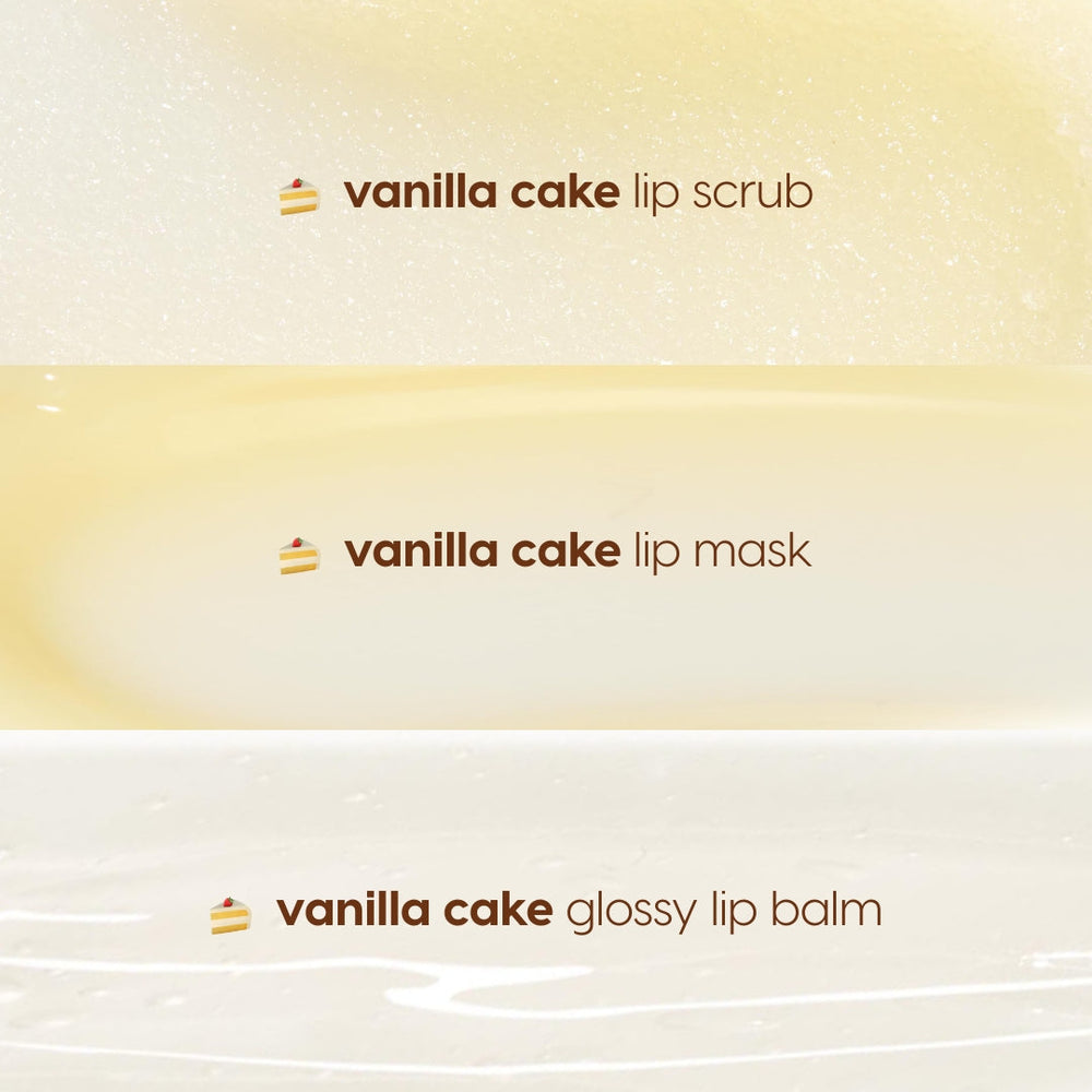 Vanilla Dream Lip Care Kit showcases three vanilla cake treatments - lip scrub, lip mask, and glossy lip balm - swatched as shimmering cream, pale vanilla, and clear layers on a light background, highlighting textures in this ColourPop Lip Care Kit.
