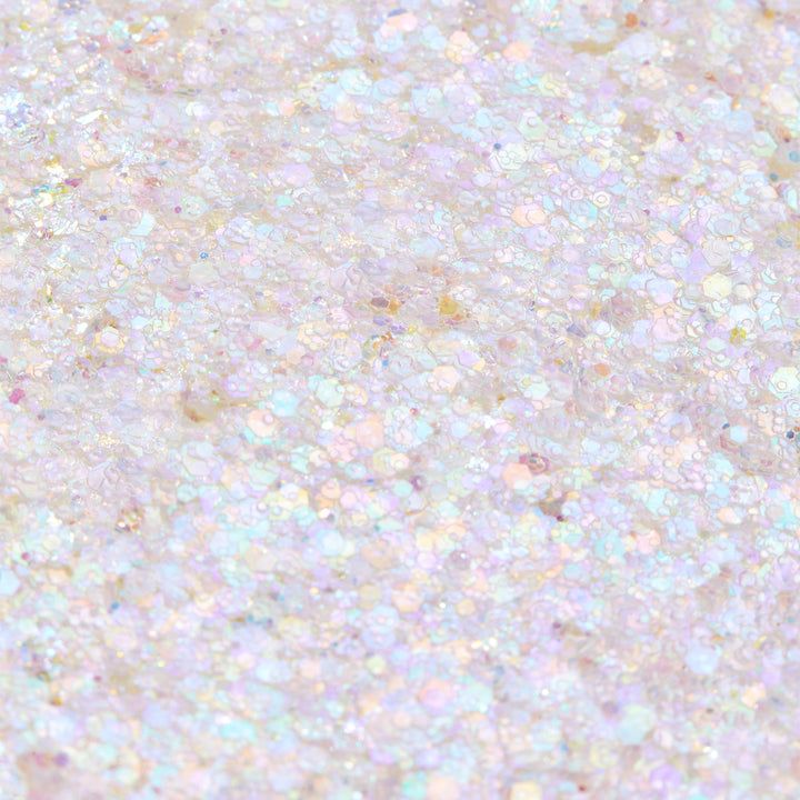 Disco Lady Glitter Gel shimmering in a close-up swatch, iridescent opal hex and micro glitter suspended in clear gel reflecting pastel rainbow hues; macro texture for ColourPop Glitter Gel product photography.