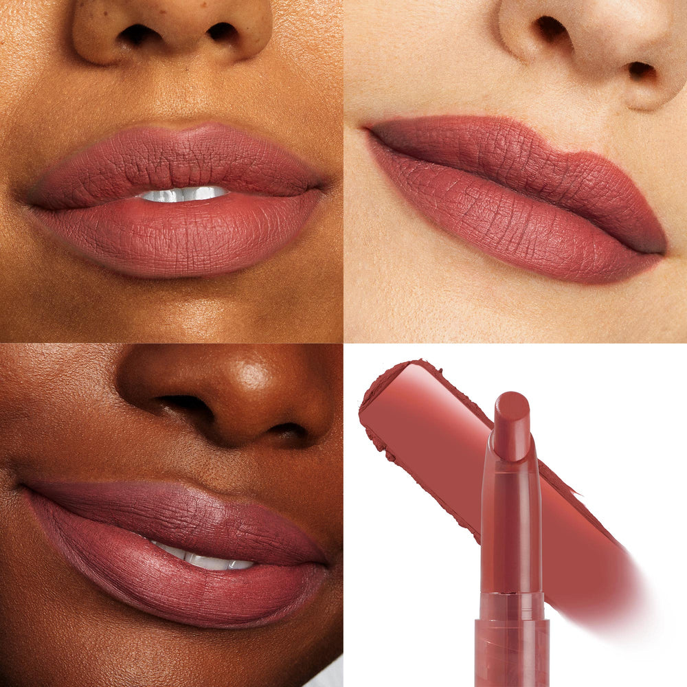 ColourPop Lippie Stix Goal Digger coats lips in a matte dusty-rose hue, shown in a 4-panel close-up across varied skin tones with a product bullet and swipe, highlighting smooth, full-coverage payoff and creamy texture.