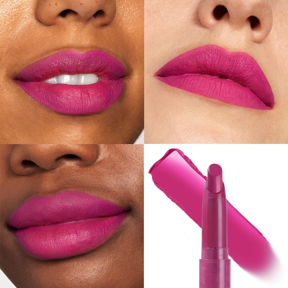 Heart On ColourPop Lippie Stix applied  -  vivid fuchsia-magenta lipstick shown on three lip close-ups across different skin tones with a soft-matte finish, plus the twist-up Lippie Stix bullet and swatch on a white background.