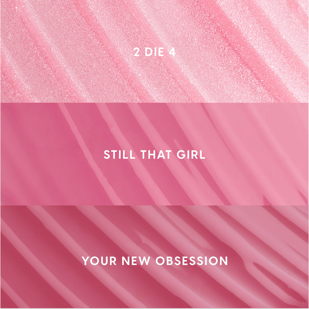 Gloss Me Up ultra glossy lip set swatches showing three Heart to Get shades—shimmery pale pink labeled “2 Die 4,” creamy mid-pink labeled “Still That Girl,” and rich rose pink labeled “Your New Obsession,” arranged in a vertical grid for US shoppers.