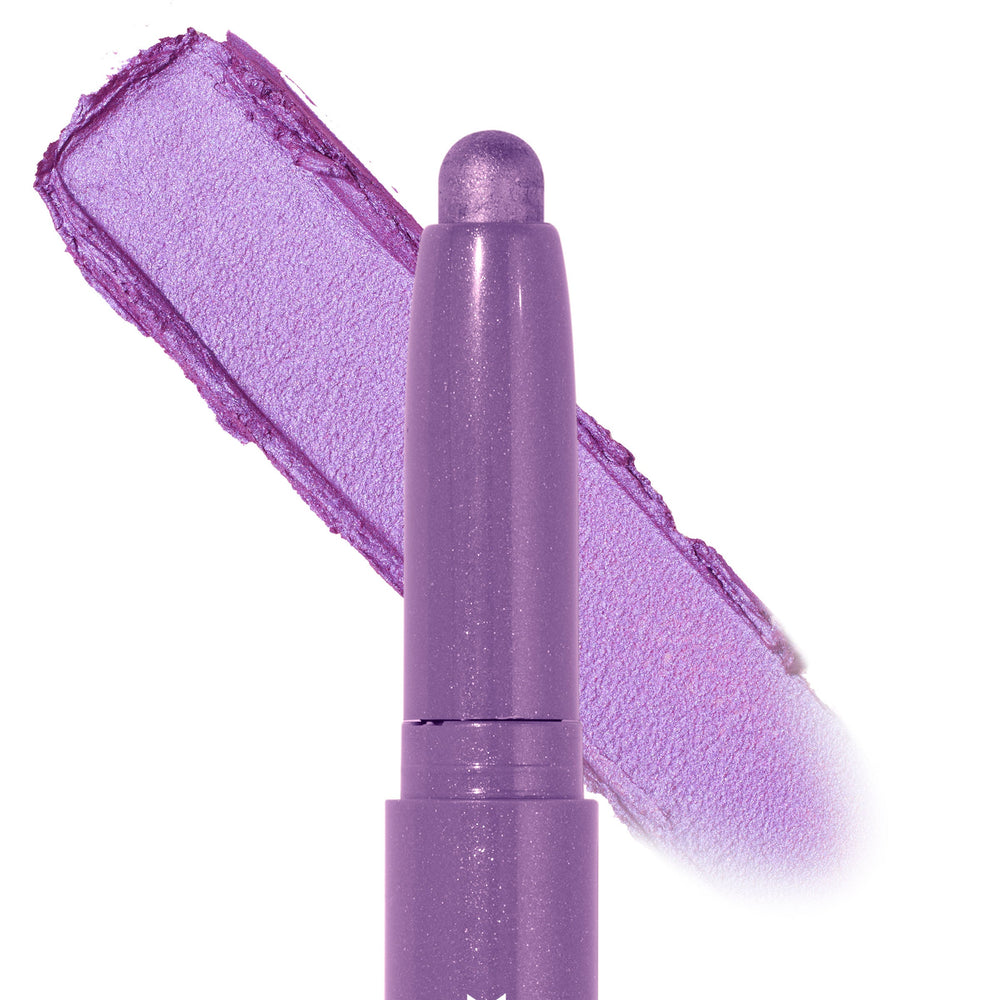 Hey Bestie Shadow Stix depositing a bold, shimmery lavender swatch, twist-up eyeshadow crayon tip in focus against a clean white backdrop; vibrant purple cream from the ColourPop Shadow Stix collection.