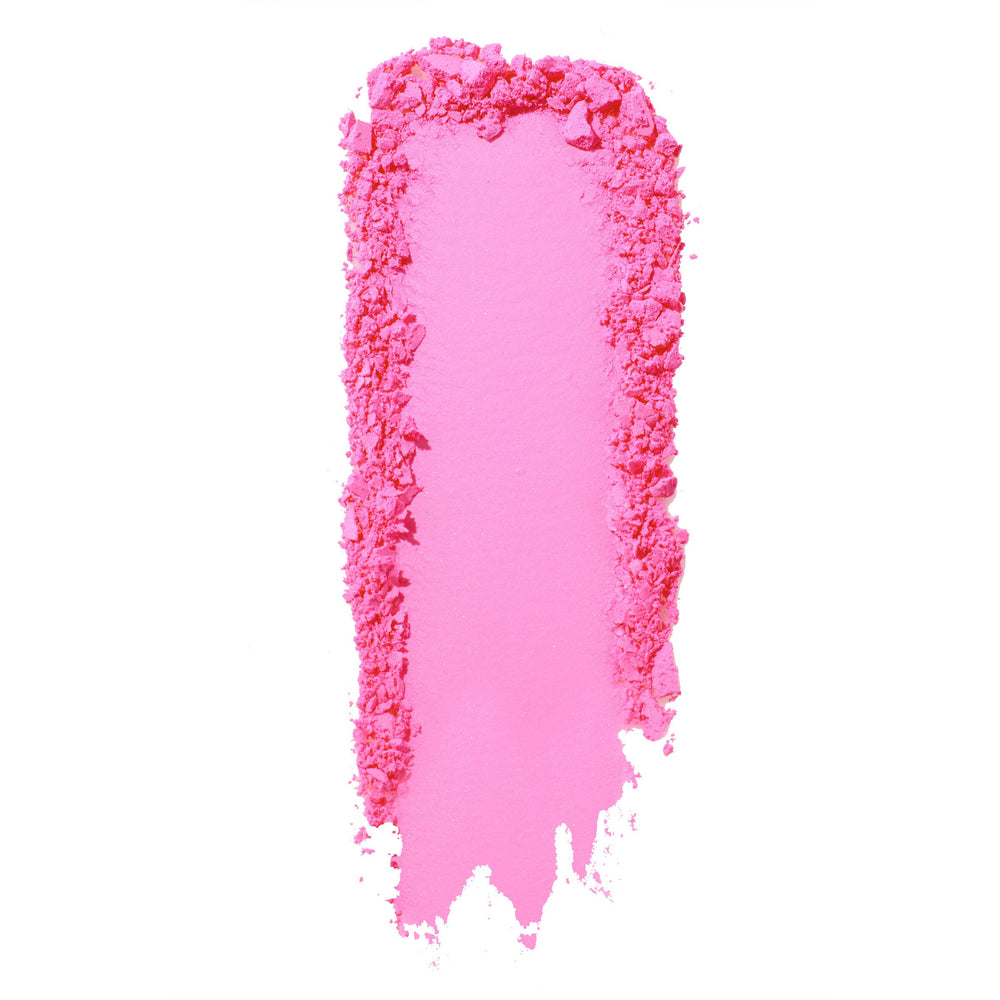 Hot 2 Touch ColourPop Pressed Powder Blush swatch runs vertically in bright hot pink, a smooth stripe framed by crushed powder on a clean white background, showing vivid color and texture.