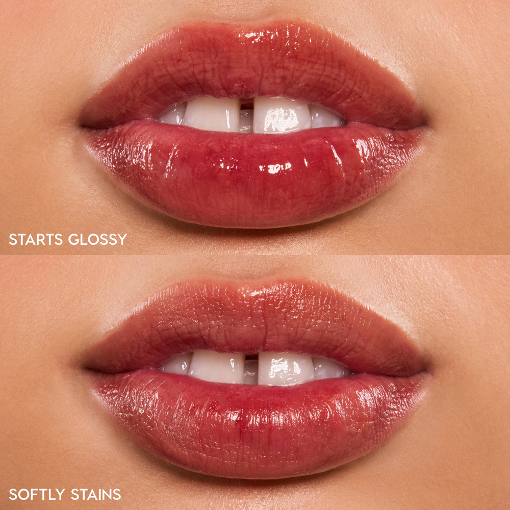 Baby Fox ColourPop Lip Stain swatched on lips - top shows glossy application with high shine, bottom shows the lasting stain - a sheer warm rosy-red tint in a close-up studio shot, showing a before-and-after finish comparison.