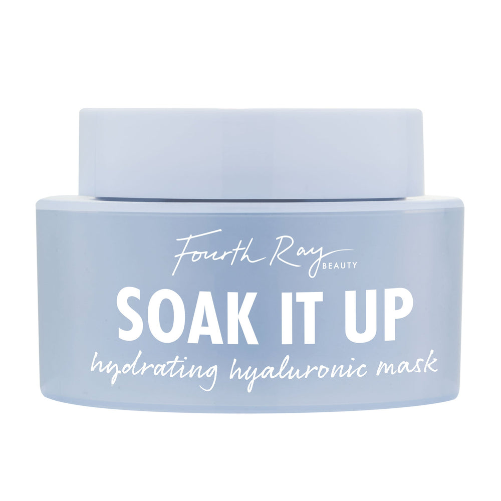 Periwinkle-blue jar showcases Fourth Ray Beauty Soak It Up Hydrating Hyaluronic Mask, a ColourPop Face Mask, with bold white lettering on a matte container centered against a clean white background.