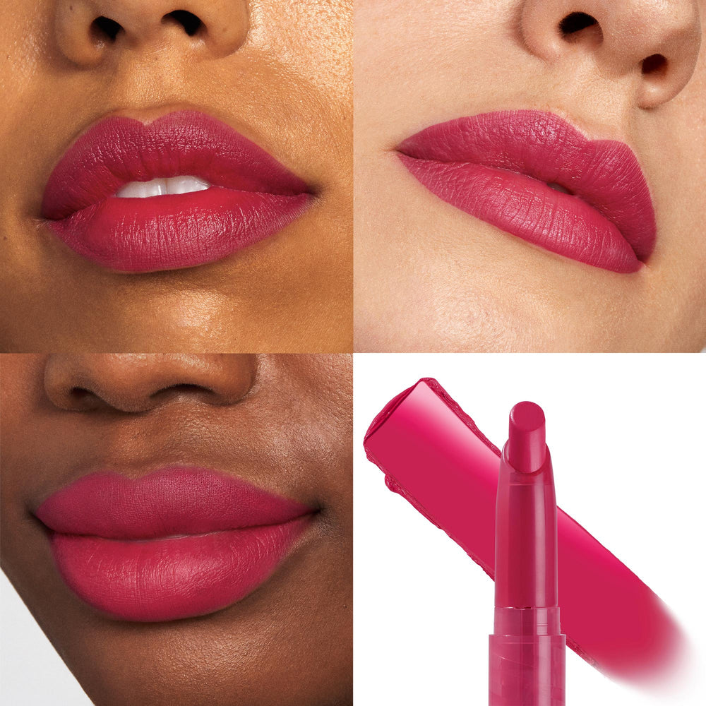 I Heart This ColourPop Lippie Stix coats lips in a rich raspberry pink, shown on three sets of lips from light to deep skin tones in a four-panel collage with the lipstick bullet and swatch, highlighting a velvety matte, full-coverage finish.