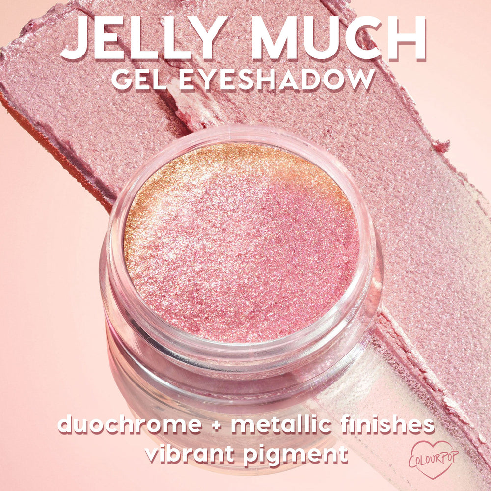 ColourPop Jelly Much Shadow Shiny Penny glistening in a clear pot, pink-to-gold duochrome metallic gel eyeshadow catching light, with wide swatches of shimmering rose on a soft peach backdrop, showcasing vibrant pigment payoff.