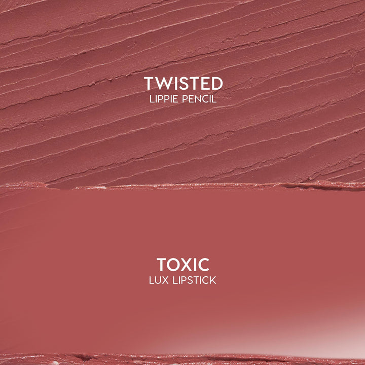 Anti-Hero kit swatch shows Twisted Lippie Pencil above Toxic ColourPop Lux Lipstick, both in rosy mauve; pencil features textured strokes while the lipstick is a smooth satin block - flat lay close-up previewing shade and finish.