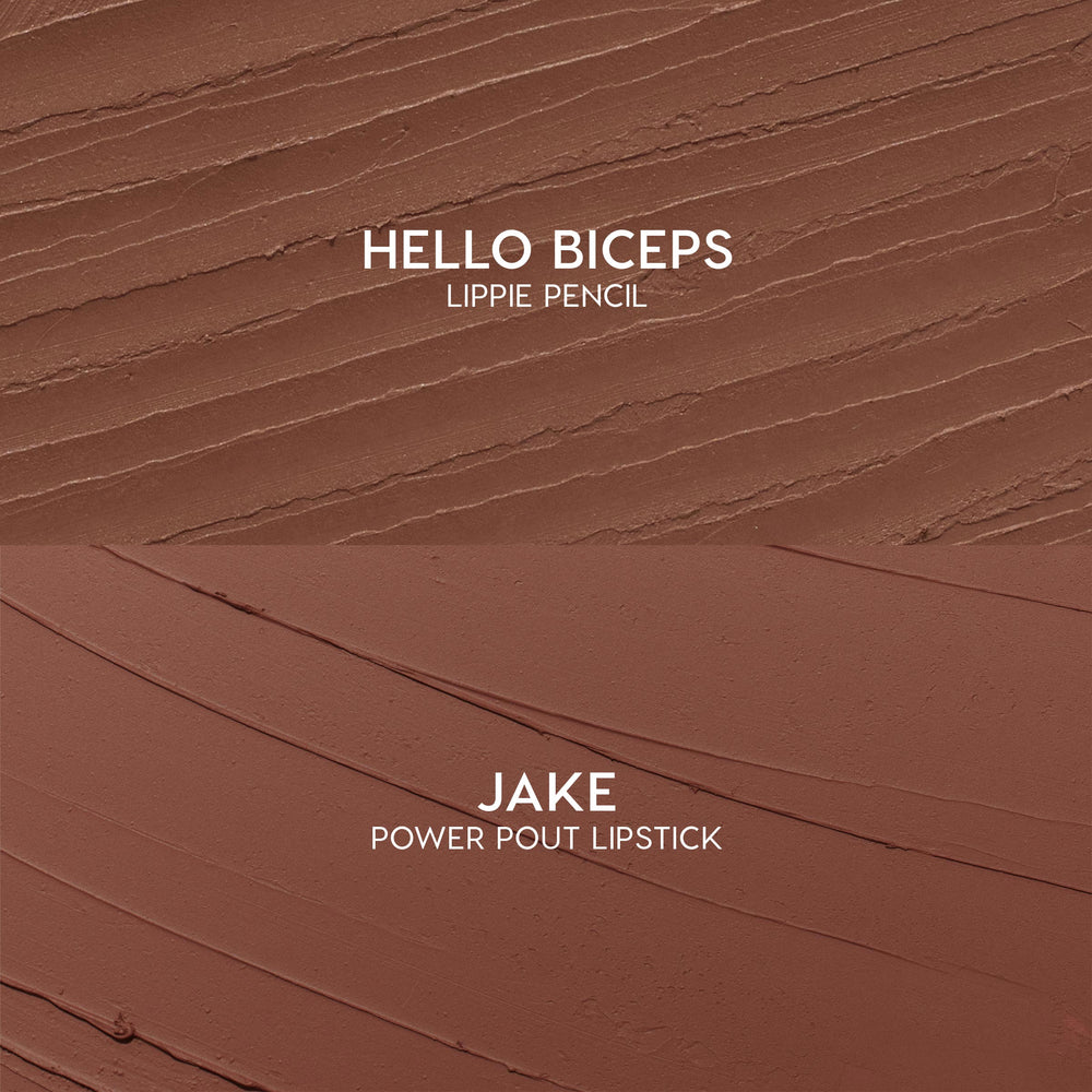 Swatches showcase Hello Biceps lippie pencil and Jake ColourPop Power Pout Lipstick from the Bella! Where the Hell Have You Been, Loca? kit, with textured mocha and smooth cinnamon-brown strokes on a matte surface highlighting creamy payoff.