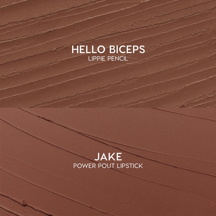 Swatches showcase Hello Biceps lippie pencil and Jake ColourPop Power Pout Lipstick from the Bella! Where the Hell Have You Been, Loca? kit, with textured mocha and smooth cinnamon-brown strokes on a matte surface highlighting creamy payoff.