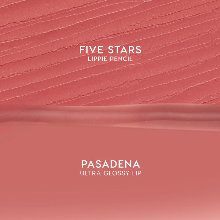 Dream Duo ColourPop Ultra Lip Duo swatches show Five Stars Lippie Pencil's matte rose-pink texture above Pasadena Ultra Glossy Lip's smooth shine, displayed as split swatches for shade reference on a clean background.