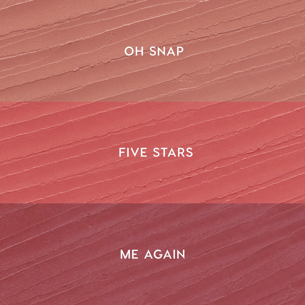 ColourPop Lippie Pencil Pinky Promise kit swatches display three shades in horizontal stripes: Oh Snap (soft nude pink) on top, Five Stars (warm rosy pink) in the middle, and Me Again (mauve berry) on bottom, shown on a textured smear.