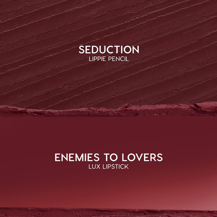 Swatch duo showcases Slow Burn: ColourPop Lux Lipstick shade Enemies to Lovers, a smooth deep burgundy smear on the bottom, paired with Seduction Lippie Pencil’s textured wine‑red stroke above, on a clean studio background.
